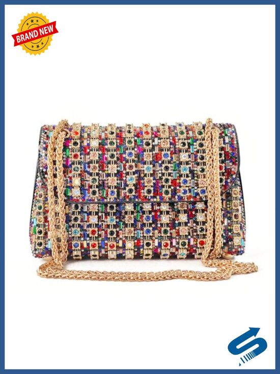 Handbags - Rhinestone Leather Evening Clutch Crossbody Bag with Strap for Weddings &